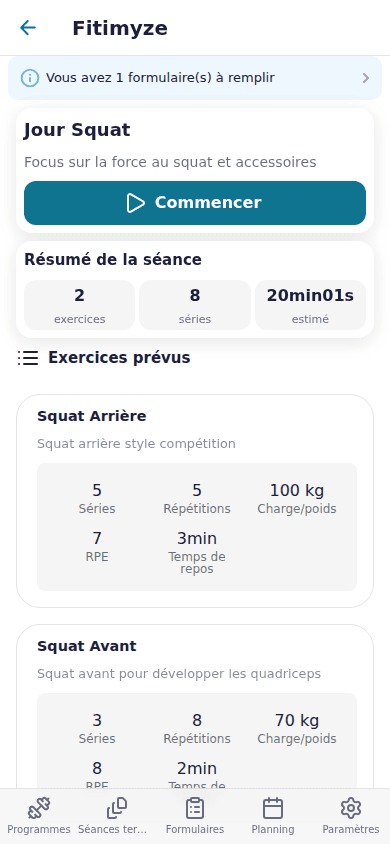 Confirmation de démarrage de séance